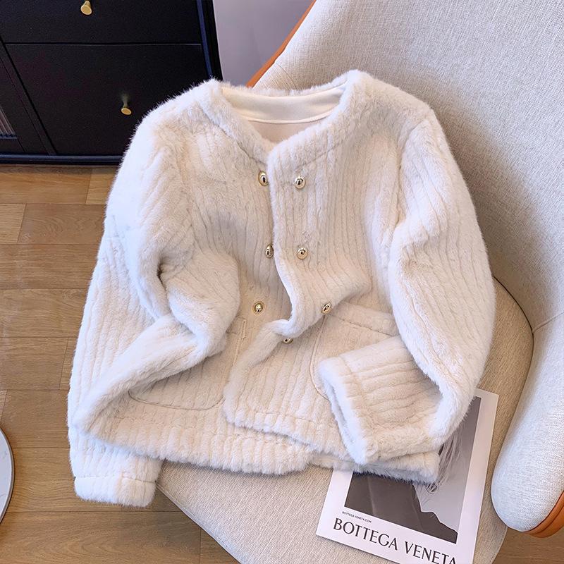 

Осенне-зимнее утолщенное пальто из искусственного меха норки с полосатым мехом для женщин, абрикосовое S