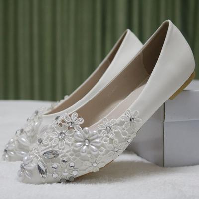Grande Taille Pointu Strass Dentelle Chaussures de Mariage Chaussures de Mariée Chaussures de Danse Demoiselle d'Honneur Chaussures Confortables à Talons Plats Femmes