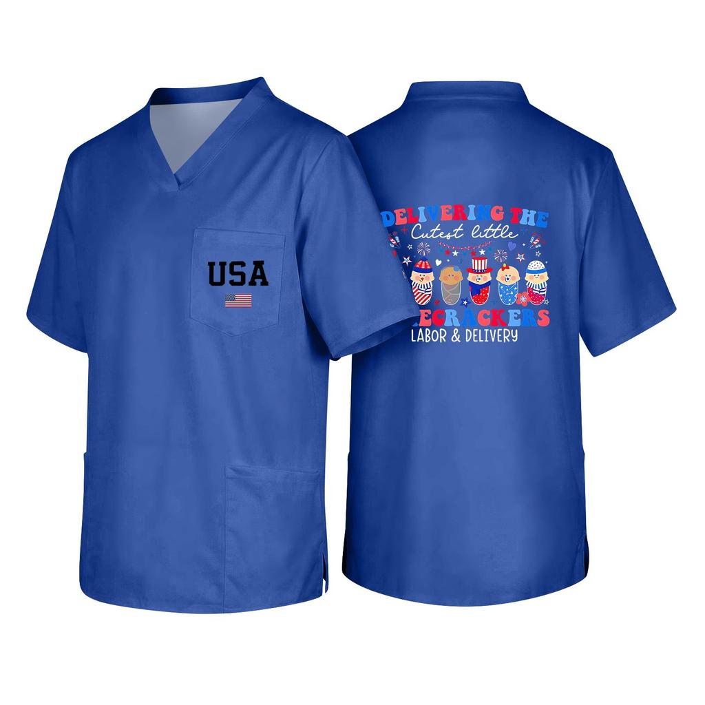 Men's V Neck Work Shirt Short Sleeve Pocket Top with USA Print Suitable for Healthcare and Labor Day Uniforms