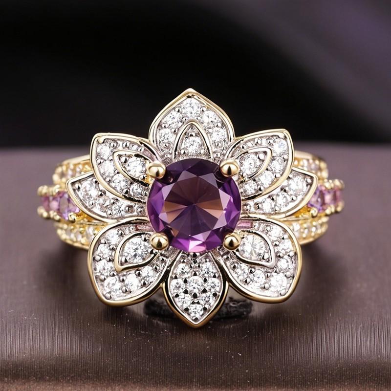 Huitan Gold Color Flower Ring Charming Purple Cubic Zirconia Accessories for Engagement Ceremony Fashion Party Zircon