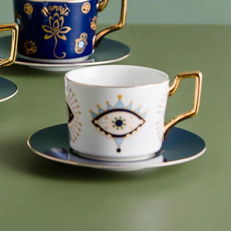 Juego de Taza de Café y Té de Cerámica con Platillo, Moda Europea Azul Ojo Maligno, 250ml, para Té de la Tarde en Casa