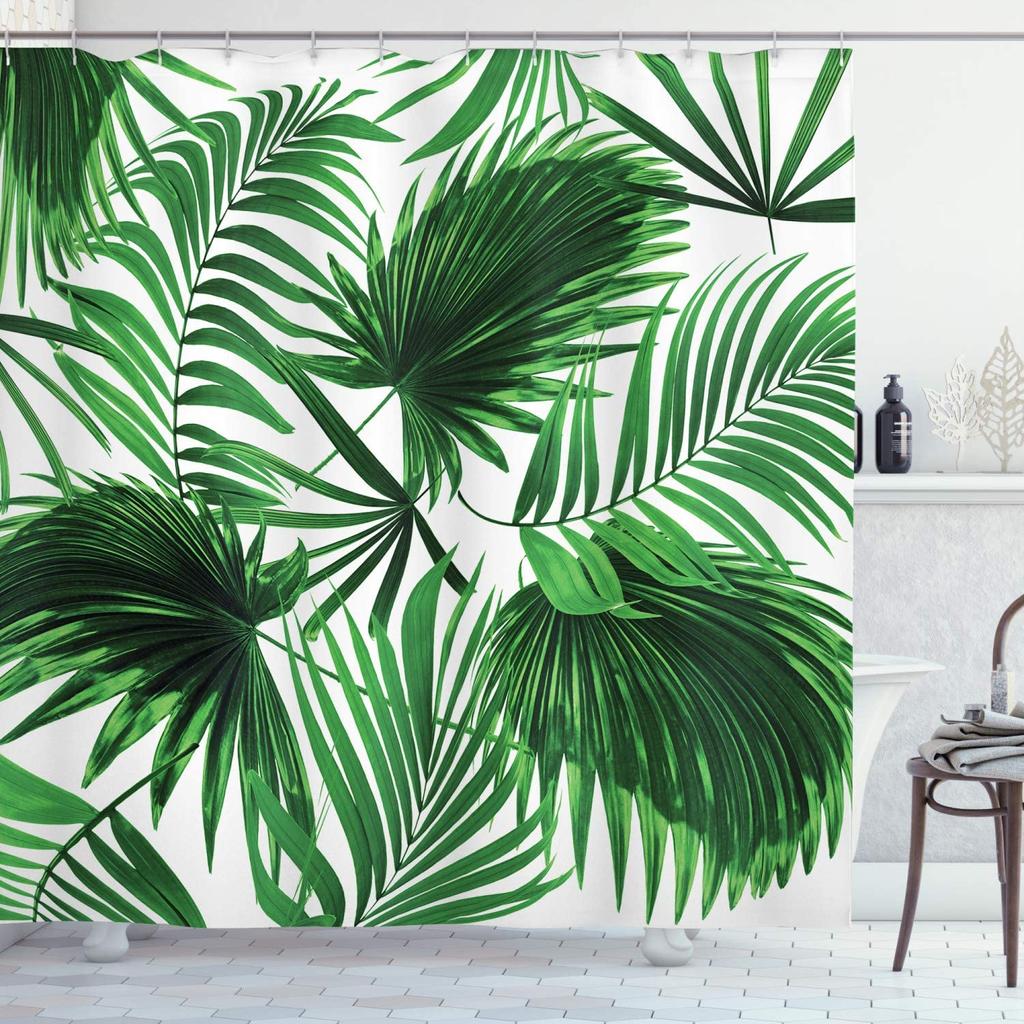 Juego De Cortinas De Ducha Con Gancho De 72 X 72 Pulgadas, Hojas De Plantas Tropicales De Playa De Verano, Tela Lavable, Tela De Poliéster + Cortina, Cortinas De Baño Impermeables