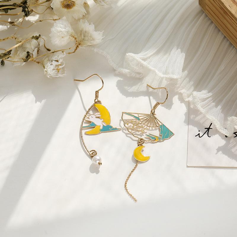 Vintage Chinese Style Flower Fan Earrings for Women Cute Asymmetrical Crane Cat Drop Earring Girls Party Daily Fashion Jewelry