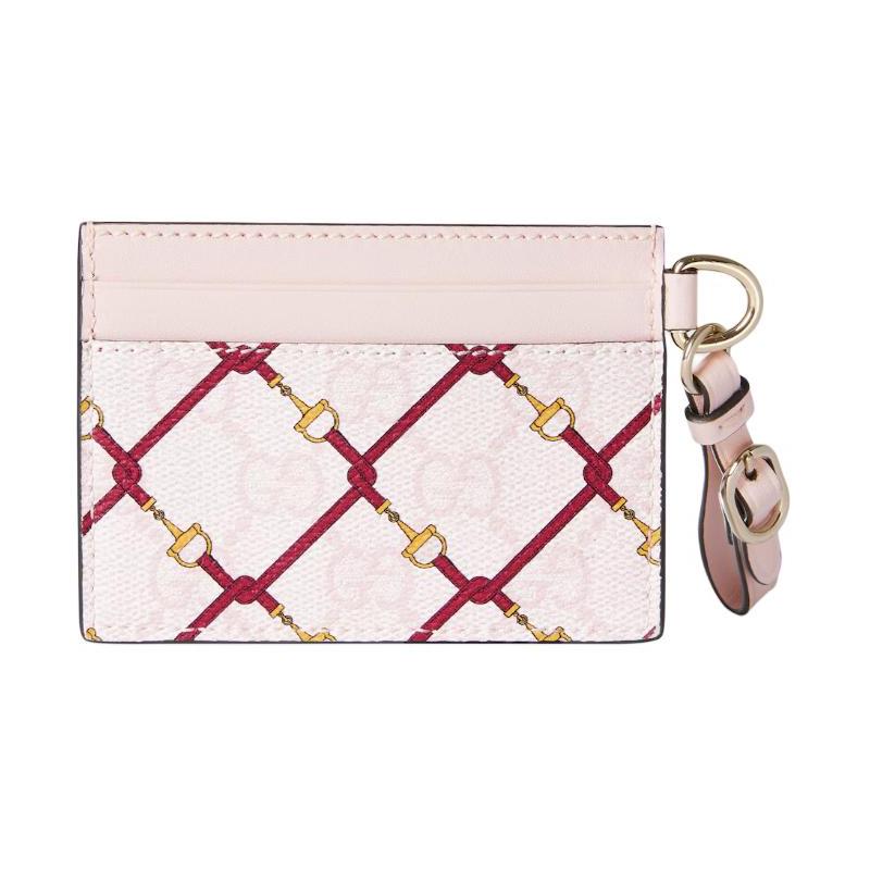 Gucci Chinese New Year Collection Horsebit Printed Leather Trim Coated Fabric Card Holder Women's Pink