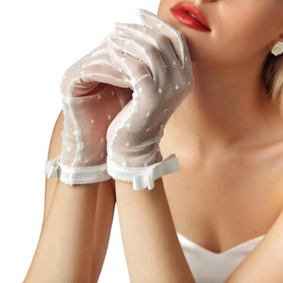 Women Lace Gloves Bridal Gloves with Bow Sheer Tea Party Wrist Gloves for Wedding Prom Cocktail Party