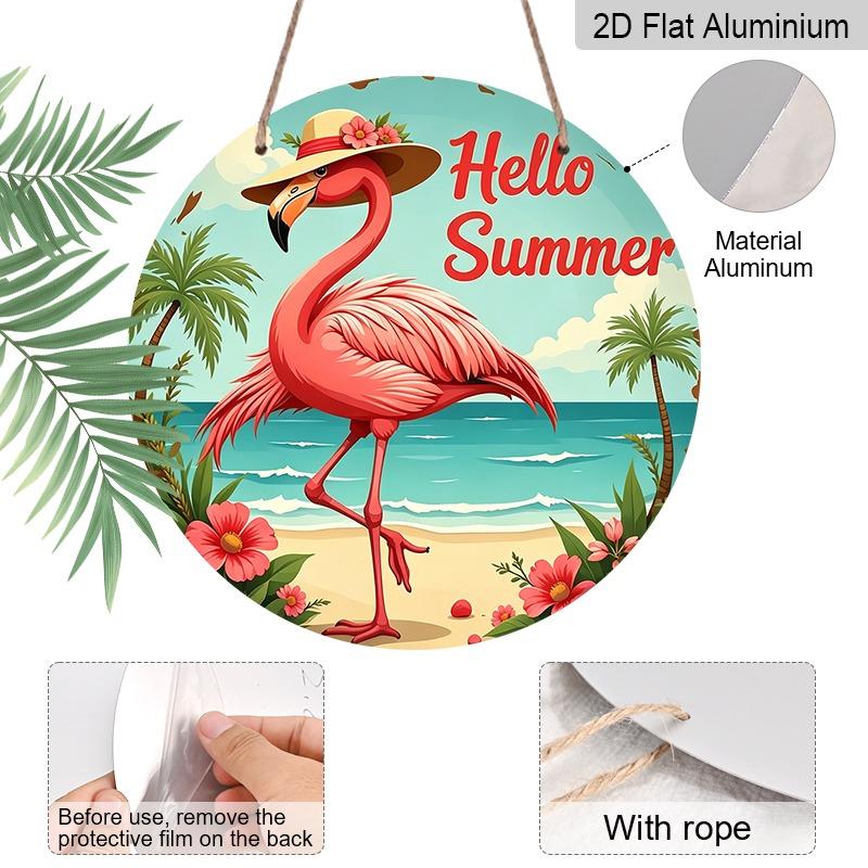 2D Flache Aluminium-Dekoschilder und -Plaketten im Sommer-Thema in verschiedenen Größen. Wanddekorationen mit Flamingomuster und Sonnenhüten, Sommer-Bauernhaus-Stil