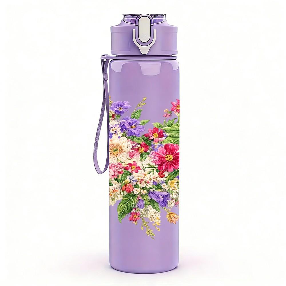 1PC Dense Mixed Spring Wild Flower Print 750ml Color Plastic Sports Water Bottle Leakproof Flip Straw Lid Suitable for Sports Office Home Use