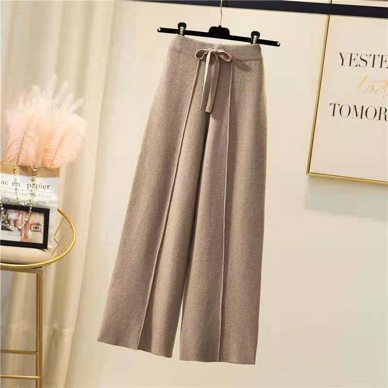 Women's Off-White Tie-Waist Knitted Wool Pants - High Waist, Wide Leg, Floor-Length, Autumn/Winter Style