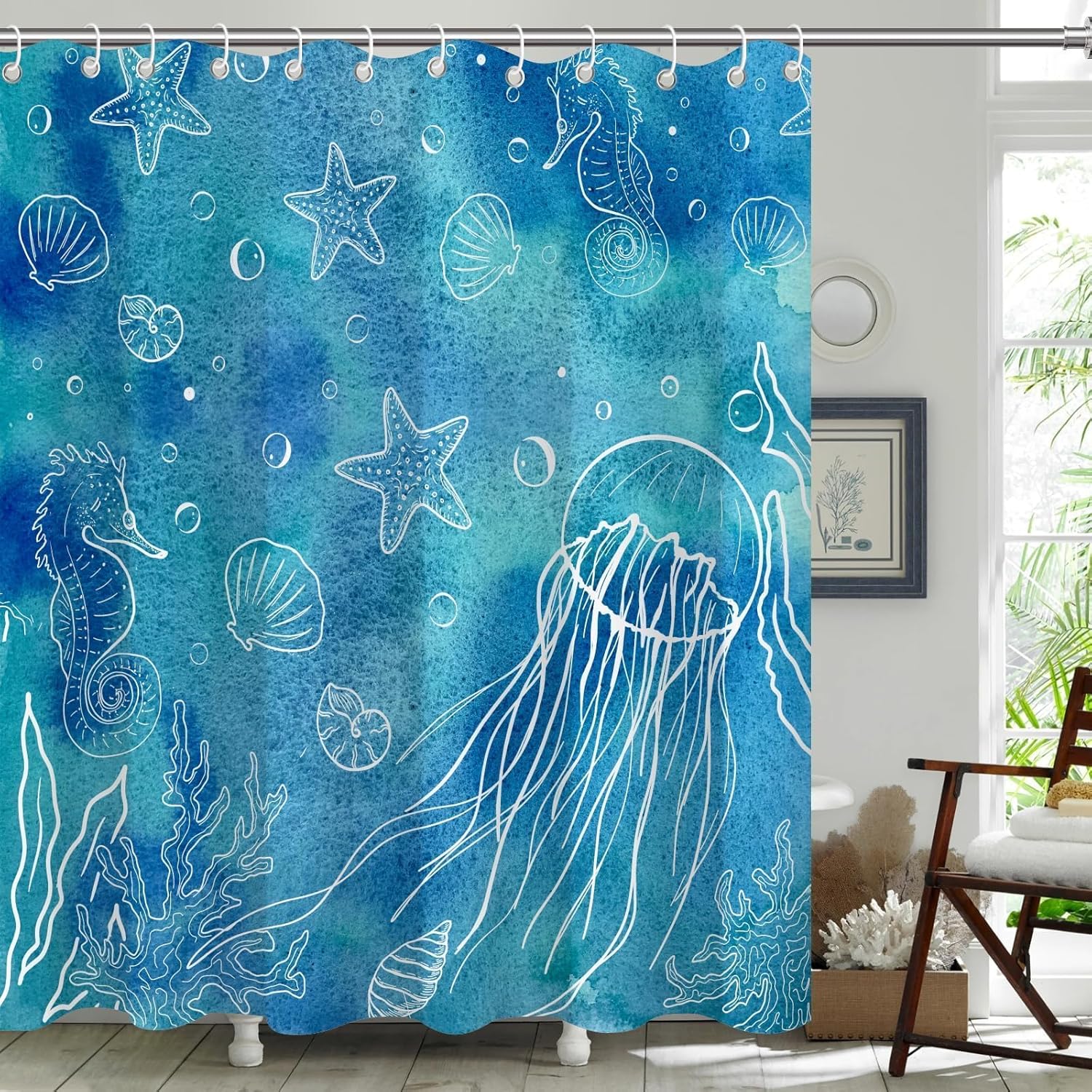 

Милые морские синие шторки для душа, Забавные океанические шторки для душа с морскими коньками, Акварельная шторка для ванной с морскими звездами и медузами, 72x72 дюйма 90*180cm