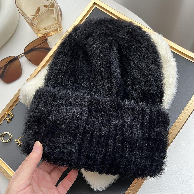 

Шапка вязаная детская зимняя новая теплая свободная с большим обхватом головы и защитой ушей из шерсти с большим лицом, показывающим лицо, и маленьким кроличьим пухом Average size (54-58cm) чёрный