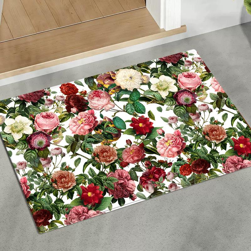 3D Colorful Flowers Flannel Doormat Absorbent Mat for Bedside Entrance Kitchen Floral Rug Home