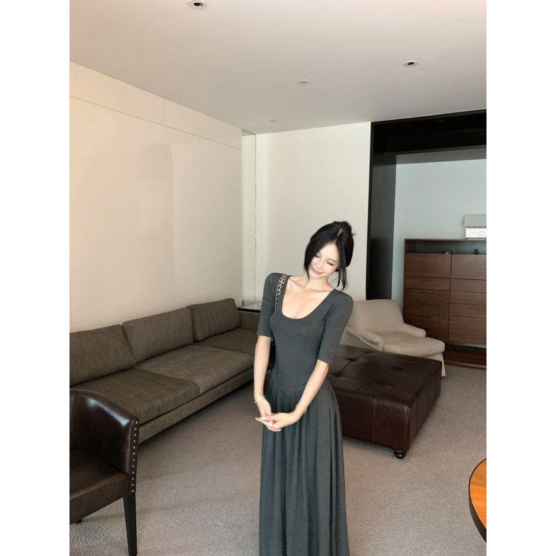 Kumikumi Simple Elegant U-Collar Short sleeve One piece Dress Women clothing Summer Niche Chic Slimming Large Swing Skirt Long dress