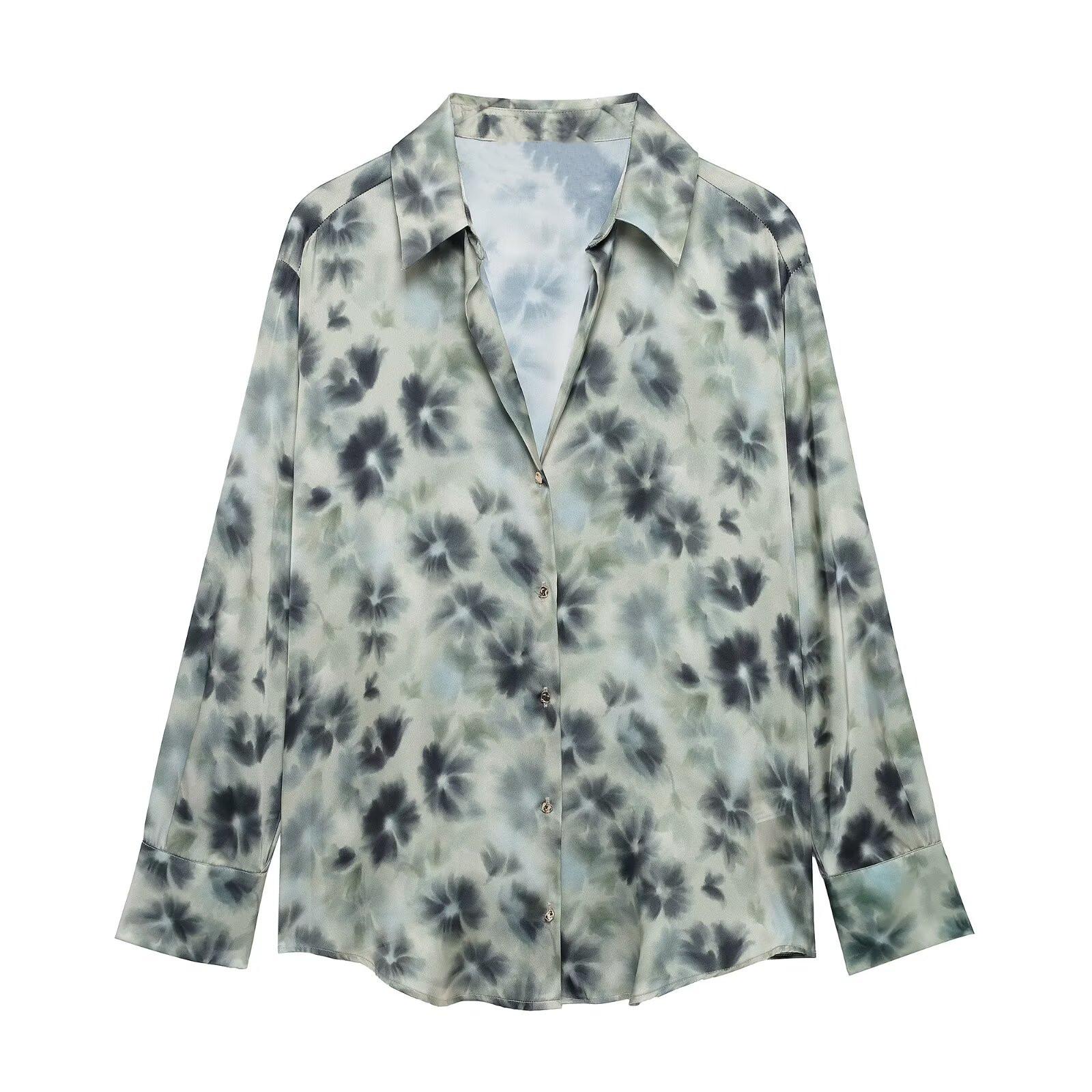 

Весна 2025 Женская повседневная рубашка с V-образным вырезом из шелкового атласа с принтом Large зелёный