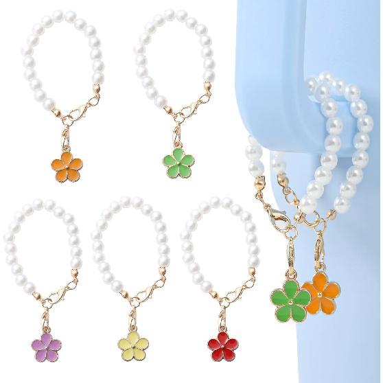 5 Pcs Flower Charm for Stanley Cup, Handle Pearl Chain Stanley Cup Accessories Personalized Handle Charms for Stanley Tumblers Group B