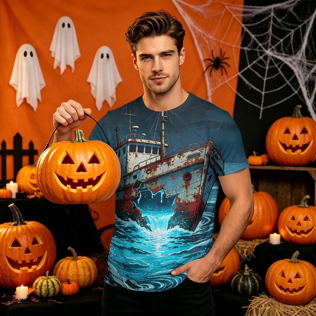 Men's Halloween Printed Short Sleeve Neck T-Shirt for Party Costume