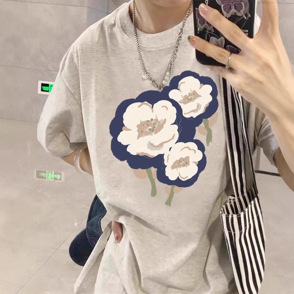 

Женская футболка из чистого хлопка белого цвета с коротким рукавом большого размера - Новый стильный и стройнящий крой для лета 2025 4XL белый/серый