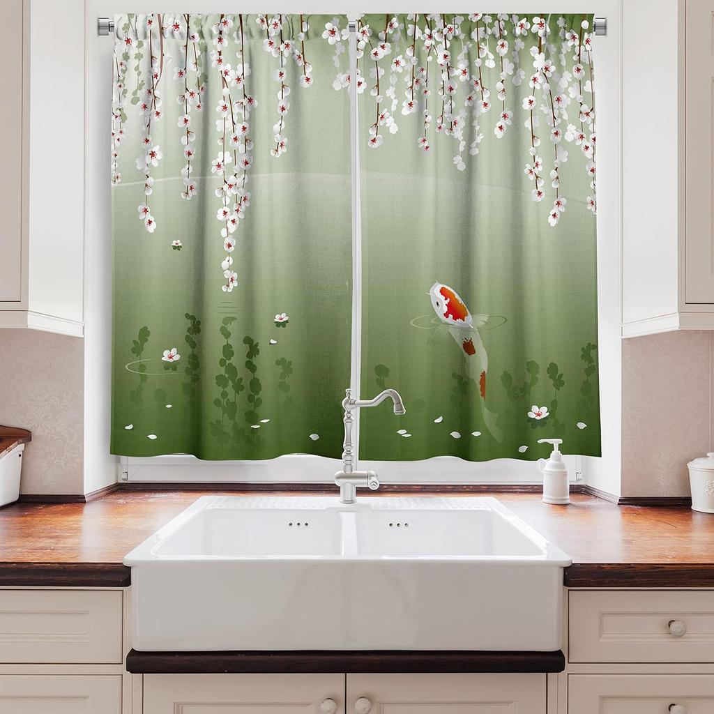 Lunarable Koi Fish Kitchen Curtains   Japanese Koi Fish Painting Style Hanging Cherry Flowers Floating Leaves   Window Drapes 2 Pa