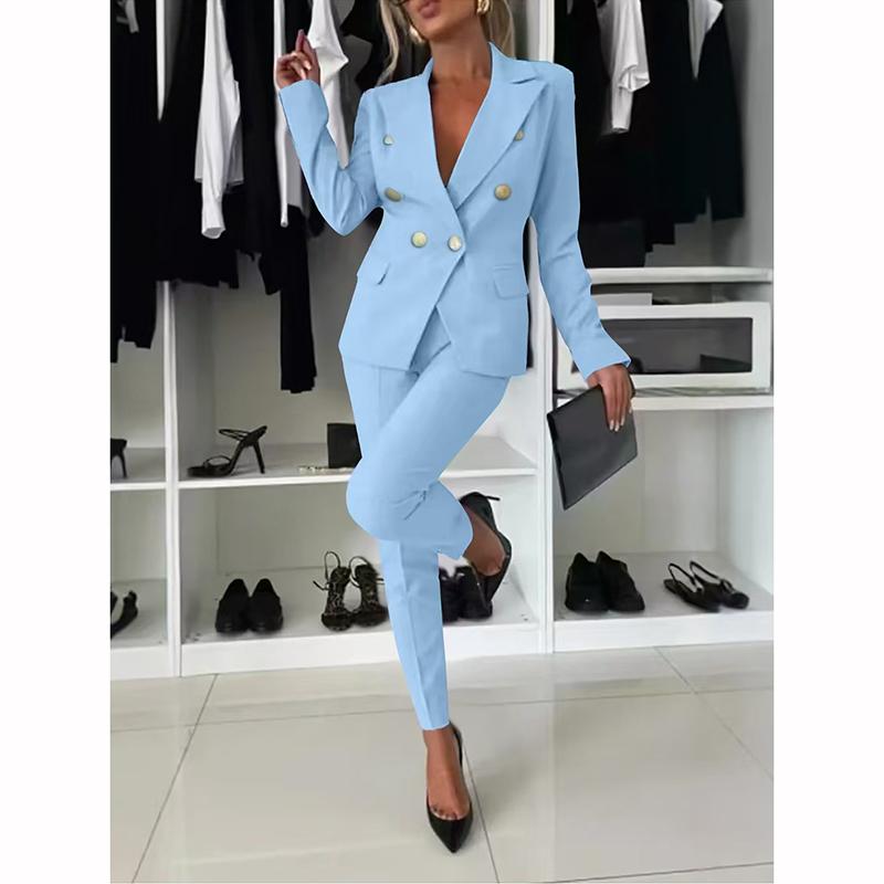 Damen Büro Smart Set Blazer Zweireihige Knopfjacke Hohe Taille Schmale Bleistifthose XS himmelblaue