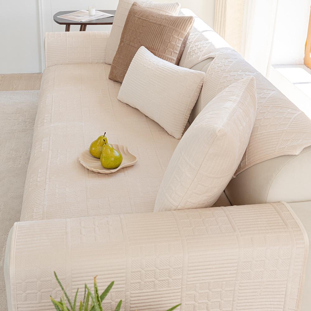 Nordic Simple Solid Color Modern Plush Sofa Cushion Four Seasons Universal Embroidery Non-Slip Seat Cushion Dutch Velvet Sofa Cover Towel