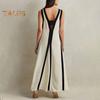 Women Maxi Dress V-Neck Sleeveless Contrast Color Loose Fit Long Dress Double Sided Wear Holiday Travel Dress