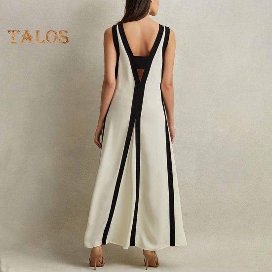 Women Maxi Dress V-Neck Sleeveless Contrast Color Loose Fit Long Dress Double Sided Wear Holiday Travel Dress