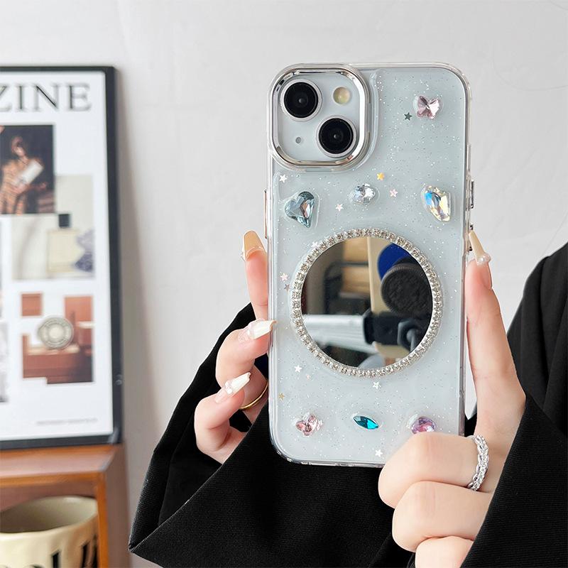 Iphone16 Transparent Glitter Mirror Mobile Phone Case Is Suitable For Apple 17 Rhinestone 15 Light Luxury 13 Makeup Mirror Gem Soft
