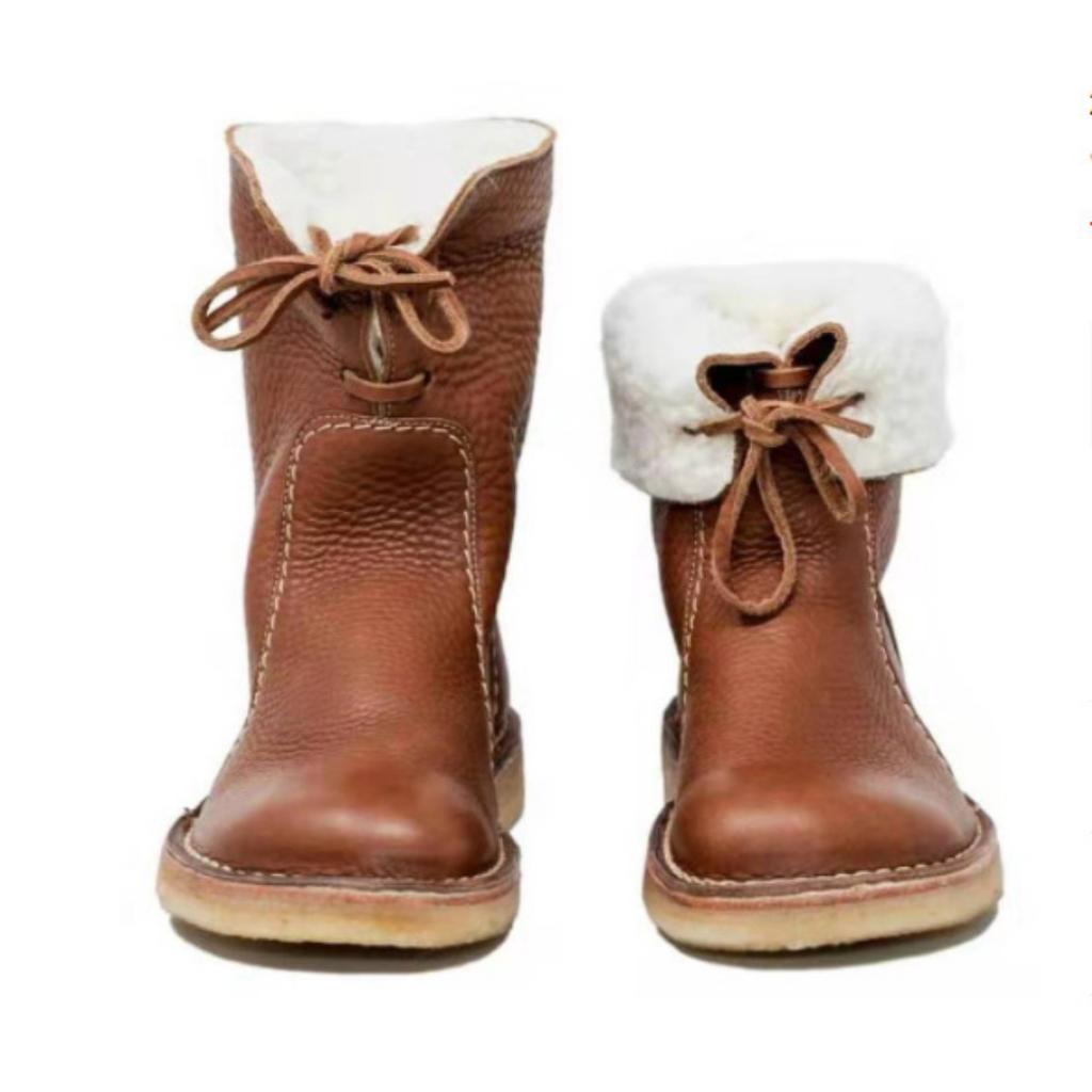 Flat Heeled Round Toe Casual Boots for Autumn and Winter Season, with Front Lace Up and Low Cut Solid Color, Women's Flat Bottom,Winter Snow Boots