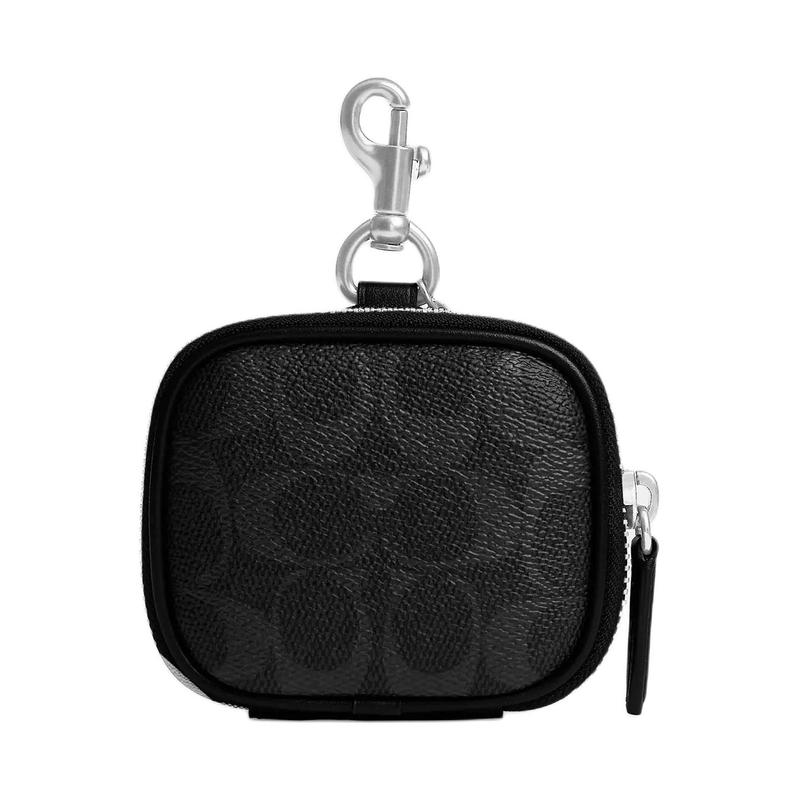 COACH Pouch 9 silver buckle brand print coated canvas and calfskin coin purse regular unisex couple style black чёрный