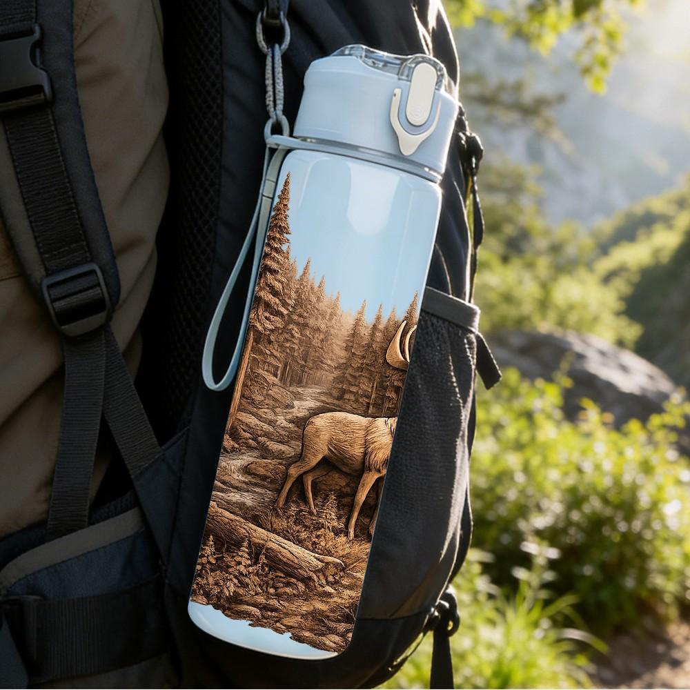 1PC Deer Pine Forest Wood Carving Style Print 750ml Color Plastic Sports Water Bottle Leakproof Flip Straw Lid Suitable for Sports Office Home Use