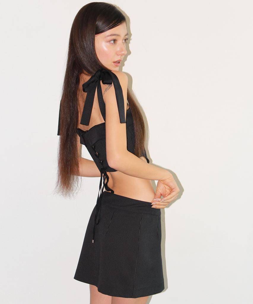 Yuhili Ribbon Pin Stripe Low Waist Wrap Mini Skirt / Black