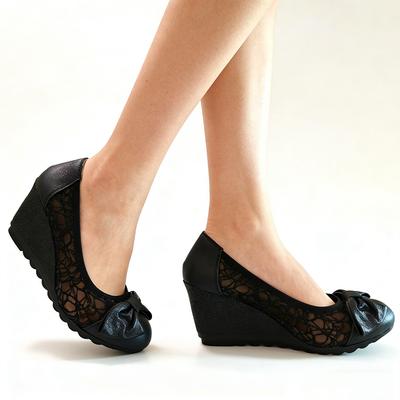 Schwarze Spitzen-Keilabsatzschuhe für Damen Atmungsaktive Plateau-Pumps Elegante Damen-Kleiderschuhe Büro Party Keilabsatz 7cm