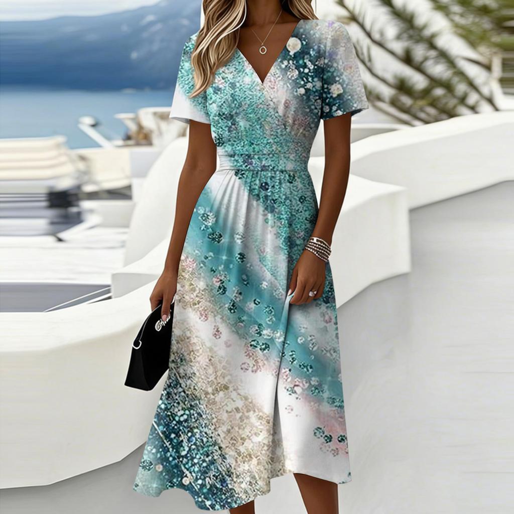 Damen-Kleid mit Blumenmuster, lässig und modisch, kurzärmelig, V-Ausschnitt