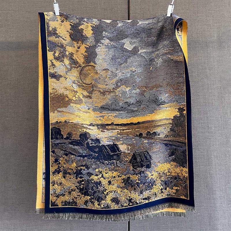 Autumn New Retro Oil Painting Printed Scarf High-end Imitation Cashmere Wool Thickened Warm Scarf Multi-functional Shawl