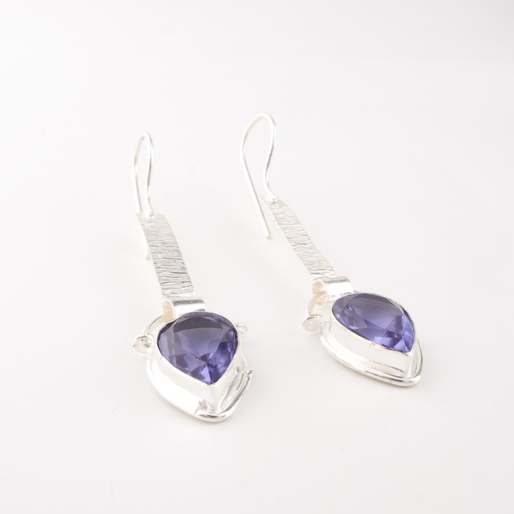 Iolite Gemstone 925 Sterling Silver Jewelry Handmade Earrings 2.3" Gift For Her EE-166-3