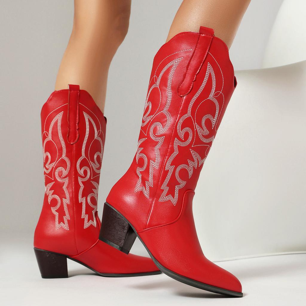 Embroidered Flower Women'S Boots Medium Tube Knight Boots Thick Medium Heel Locomotive Boots 40-48 Large Size Boots