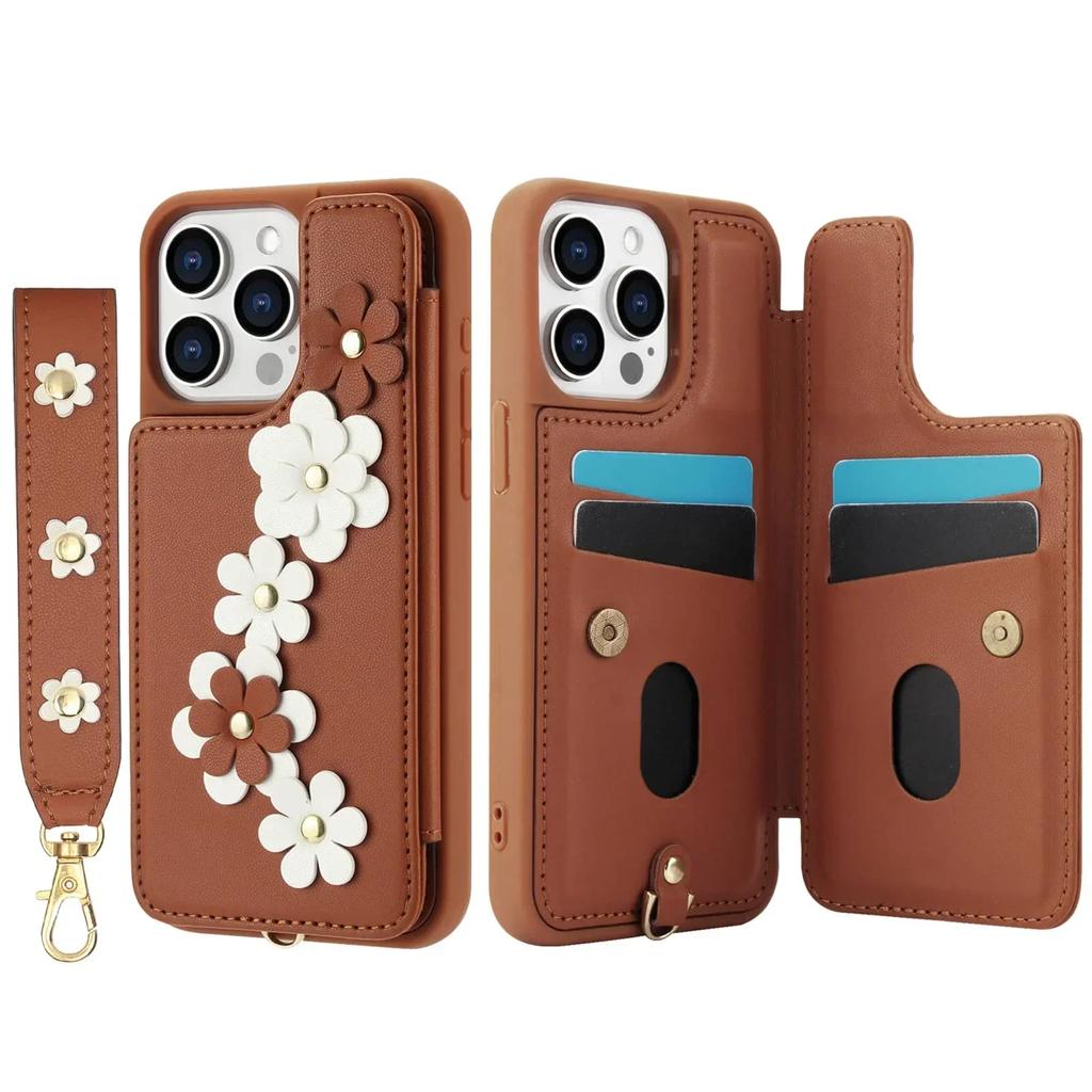 Wallet Case for iPhone 16 15 14 Pro Max Plus, Card Holder Crossbody Purse, Cute Flower Design, Magnetic Kickstand Phone Cover