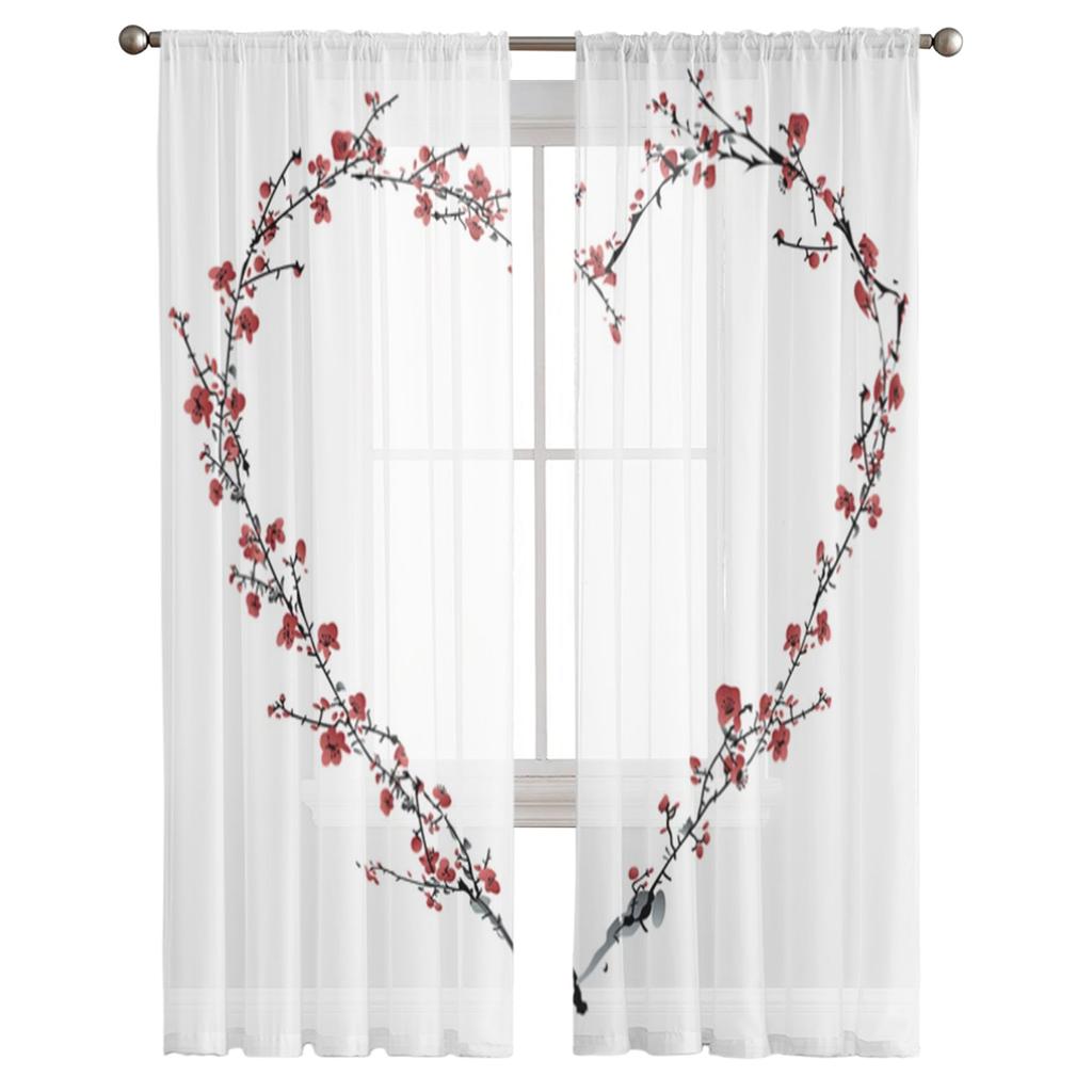 Pflaumenblütenzweig Liebesherz Transparente Vorhänge für Wohnzimmer Schlafzimmer Tüllvorhänge Küchenfensterdekorationen Paneelvorhänge