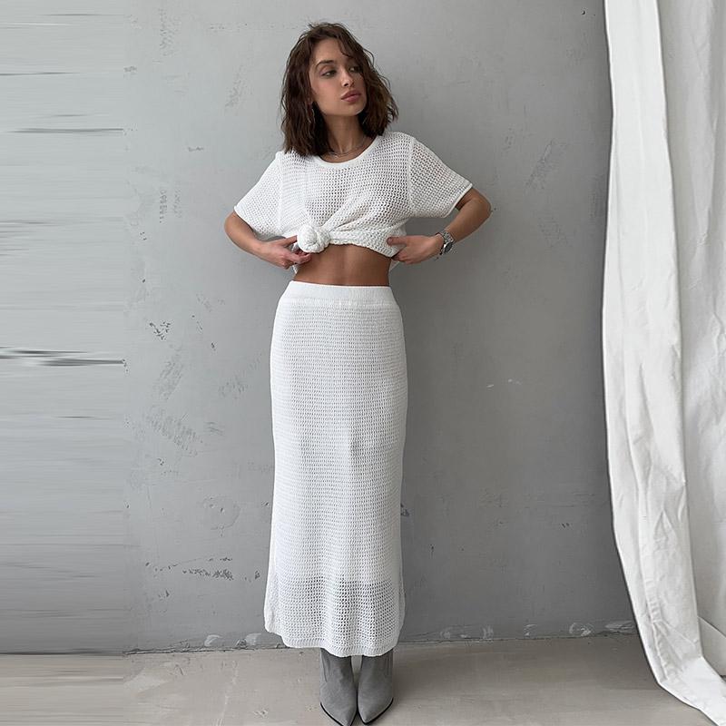 Women's Casual Suit Short Sleeved Hollowed Out Top Knitted Half Skirt Set Solid Color Versatile Summer Refreshing Wearing Temperament Elegant Dress