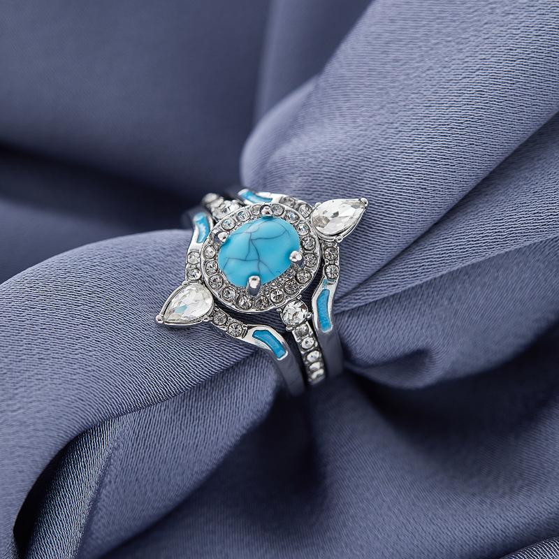 Bohemia European and American Retro Inlaid Imitation Turquoise Ring Set for Women Fashionable Ethnic Style Wedding Zircon