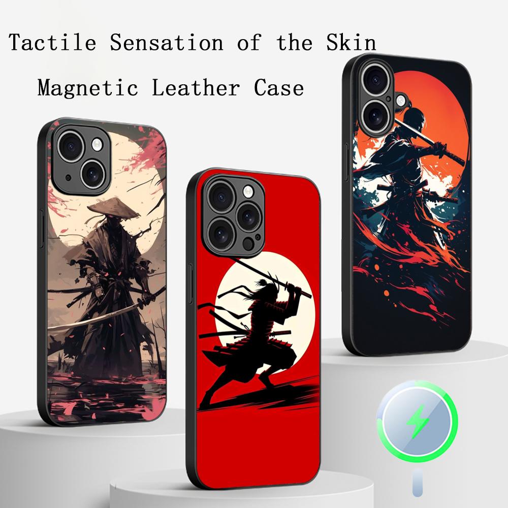 Fantasma cool japanische Samurai-Malerei Handyhülle Für iPhone 17 16 15 14 13 12 Plus Pro Max High-End Luxus Magsafe Schaffell