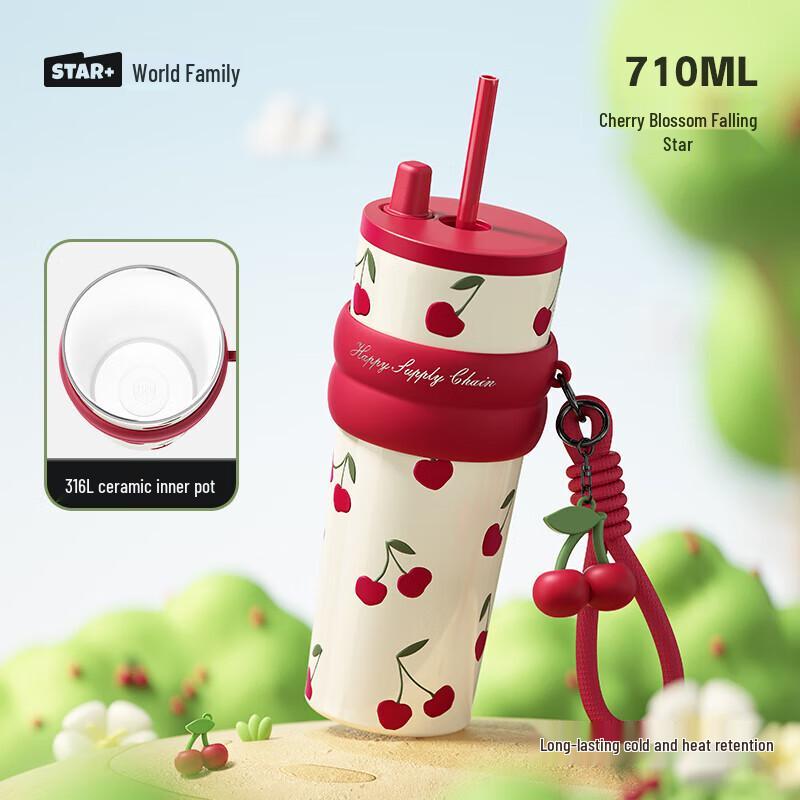 Shidajia 710ml Ceramic Lined Insulated Tumbler with Straw