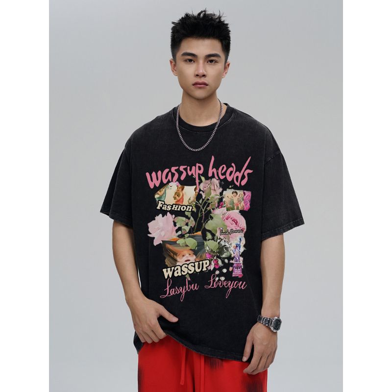 Wassup Heods Digital Inkjet Short-Sleeved Men's Clothing Summer 2024 New American Retro Round Neck T-Shirt Top