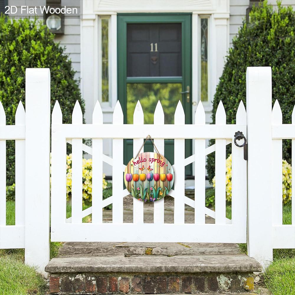 2D Flat, 1pc Hello Spring Colorful Tulip Wooden Hanging Sign Spring Party Ornament Perfect for Home Wall and Entry Door Decoration Garden Decoration