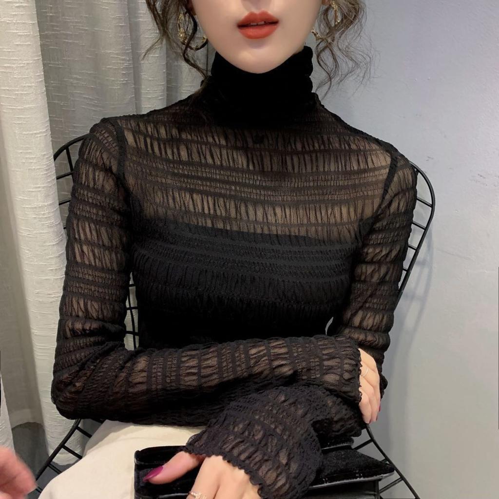 Women's Pile Collar Lace Blouse Solid Color Shirt  Long Sleeves and Mesh Pullover Top