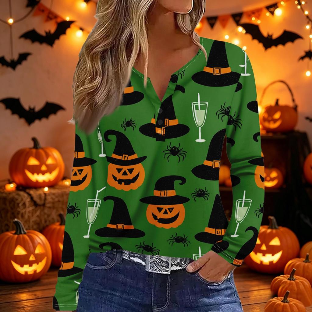 Damen Casual V-Ausschnitt Langarm T-Shirt mit dekorativen Knöpfen und Halloween-Thema Aufdruck für den täglichen Gebrauch