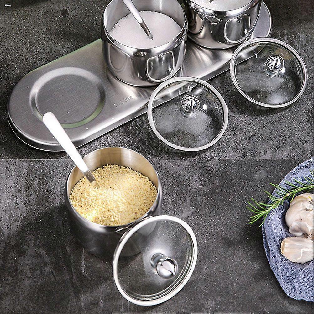 Stainless Steel Seasoning Jar Kitchen Salt Canister Multifunction Spice Storage Pot Container (3 Jars with Base)
