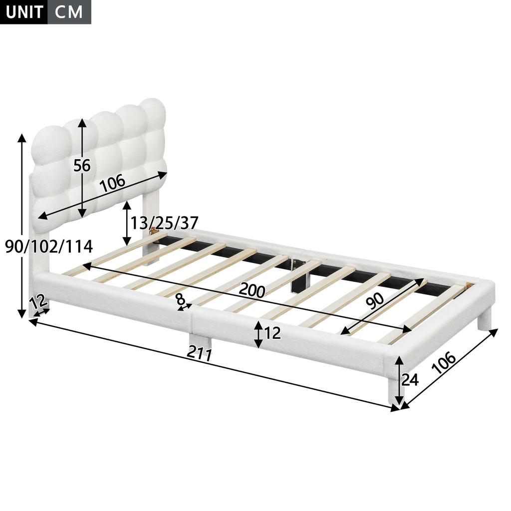 Upholstered Bed Children's Bed 90x200cm, Headboard & Slatted Frame, MDF & Linen, Adjustable Headboard, Adult/Youth, Without Mattress