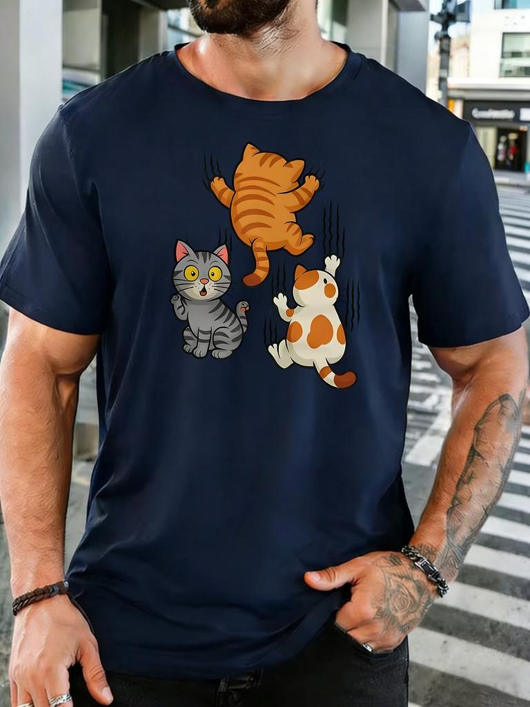 Unisexs Navy Crew Neck Tee Vivid Three Climbing Kittens Cartoon Art Print Loose Summer Street Casual Daily Basic Short Sleeve Top