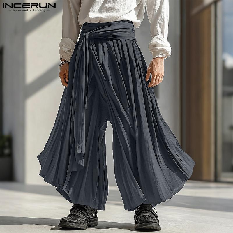 

INCERUN Men Elastic Waist Belt Solid Color Casual Loose Irregular Wide Legs Pants 4XL хакі