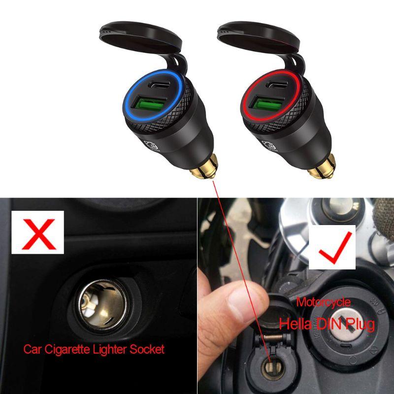 Waterproof Motorbike 12V 24V QC3.0 USB Type C PD Fast Charger Power Adapter Hella DIN Plug Socket for BMW Ducati Motorcy